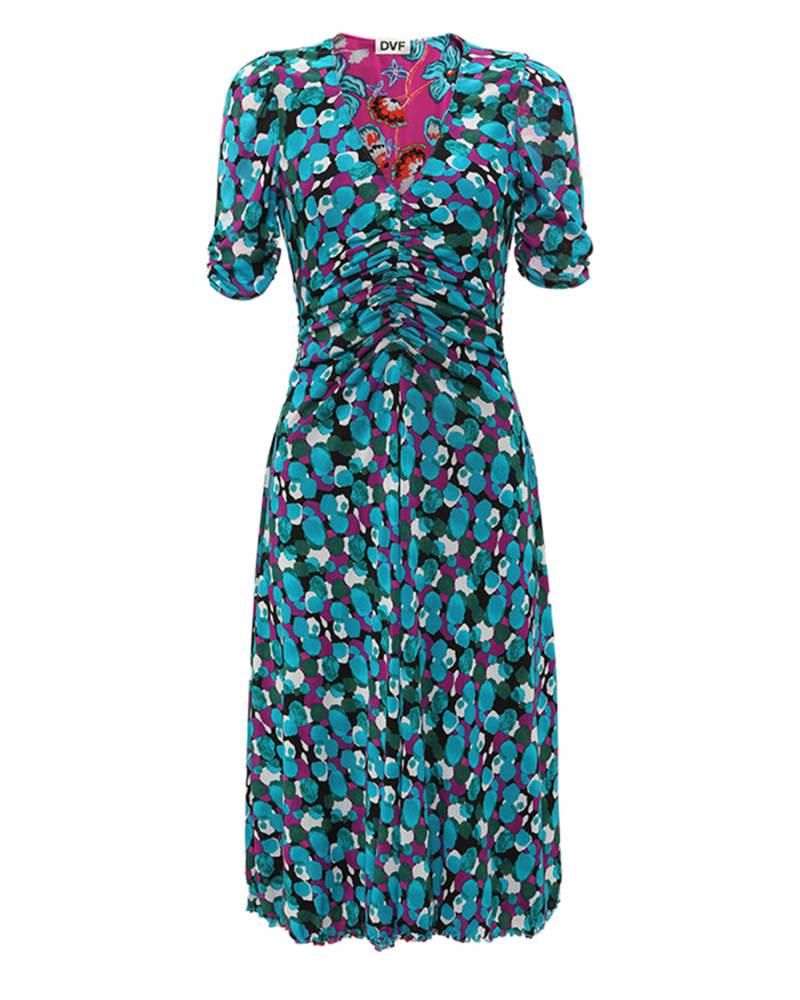 Front of a model wearing a size XXL DVF KOREN REVERSIBLE DRESS in PURPLE by Diane von Furstenberg. | dia_product_style_image_id:314643